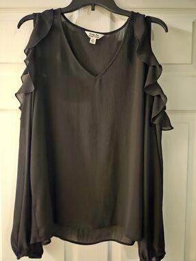 Black Ruffle-Trim V-Neck Blouse